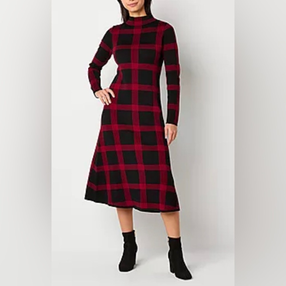NEW Danny & Nicole Womens Long Sleeve Windowpane Midi Sweater Dress
